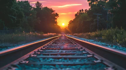 Papier Peint photo Gris 2 Train tracks headed into the distant horizon with colorful light of sunset shining in the background landscape