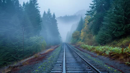 Rucksack Train tracks in the forest at morning © Artem