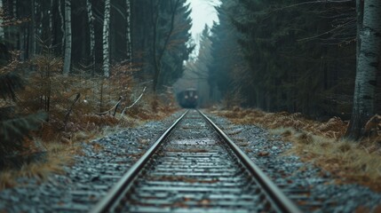 Train tracks in the forest at morning
