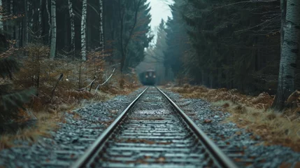 Foto op Plexiglas Train tracks in the forest at morning © Artem