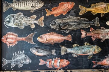 an artistic chalkboard fora fish market, in the style of eccentric penmanship, contoured shading