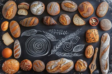 bread and cakes artistic chalkboard of various breads items, eccentric penmanship, contoured shading