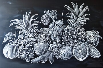 vegetables and fruits artistic chalkboard of various fruits items, eccentric penmanship, contoured shading - obrazy, fototapety, plakaty