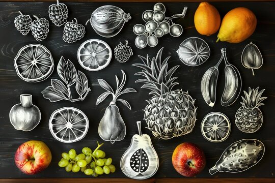 an artistic chalkboard of various fruits items, in the style of eccentric penmanship, contoured shading --ar 3:2 --v 6 Job ID: 53ae2c63-b324-43a0-bf2d-8fafe5d0705c