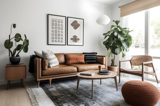 A sofa, light, and white walls make for a bright and cozy modern living room
