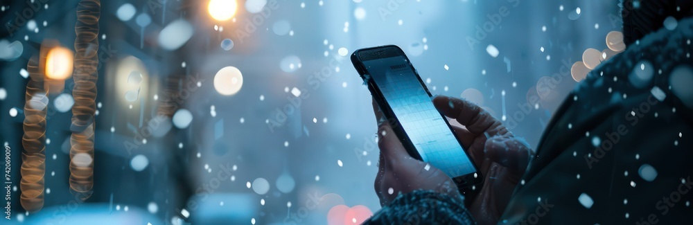 Poster image of a man holding up a smartphone with an animated digital image, in the style of elegant lines