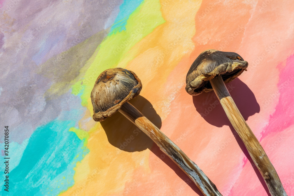 Poster rainbow mushrooms. backdrop with selective focus and copy space