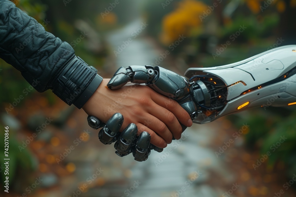 Poster handshake between human and robot, deal concept. backdrop with selective focus and copy space