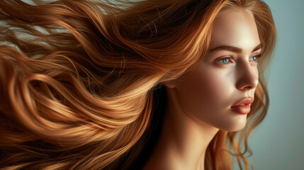 Naklejka premium Portrait beauty natural elegance of woman with long and shiny wavy hair, coloring and toning, hair glow with golden and copper tones, smooth curves and flowing lines hair, hair products, beauty salons