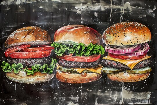 hand drawn hamburgers set of items with a chalk based, large-scale canvases, silver and black