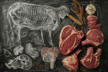 hand drawn meat set of items with a chalk based, large-scale canvases, silver and black