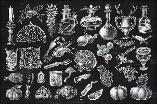 hand drawn spices set of items with a chalk based, large-scale canvases, silver and black