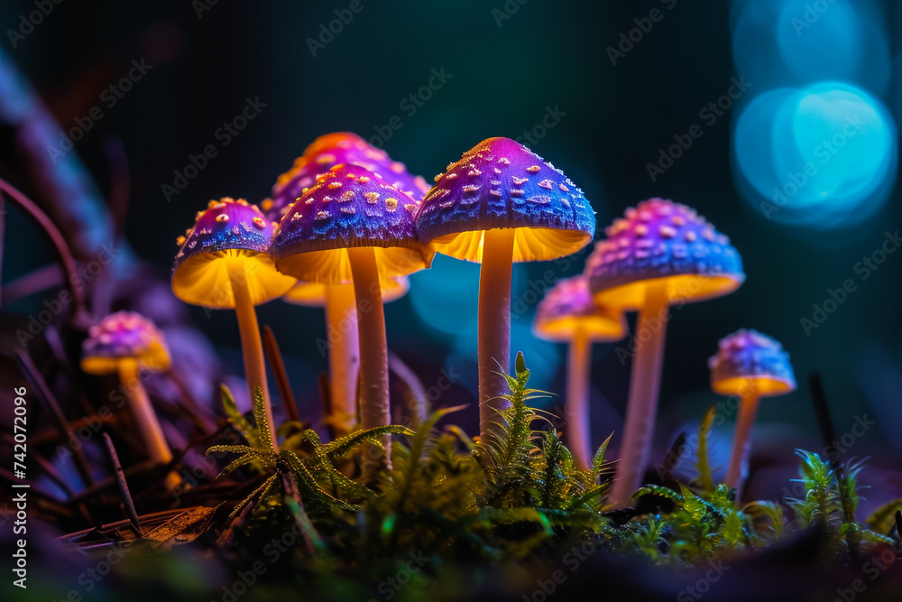 Poster magic mushrooms. background with selective focus and copy space