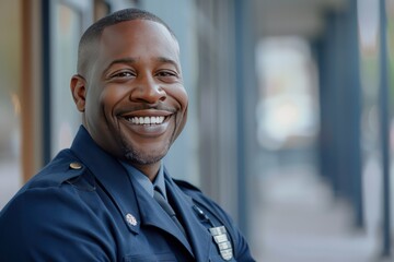 police officer smiling military man in uniform, in the style of light indigo and light gray - obrazy, fototapety, plakaty