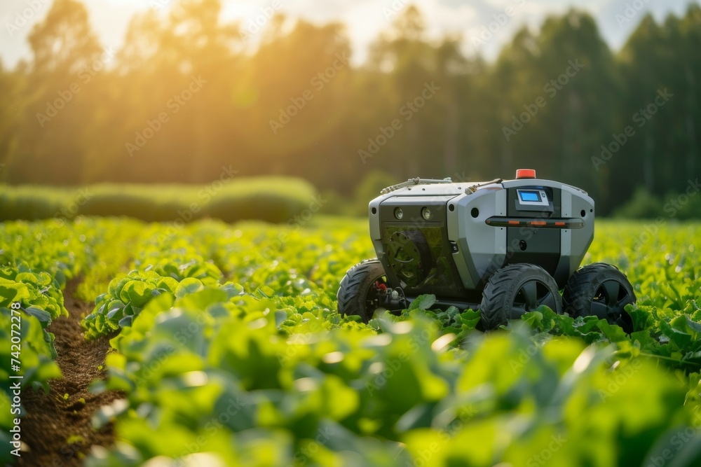Poster modern farm with robots. background with selective focus and copy space