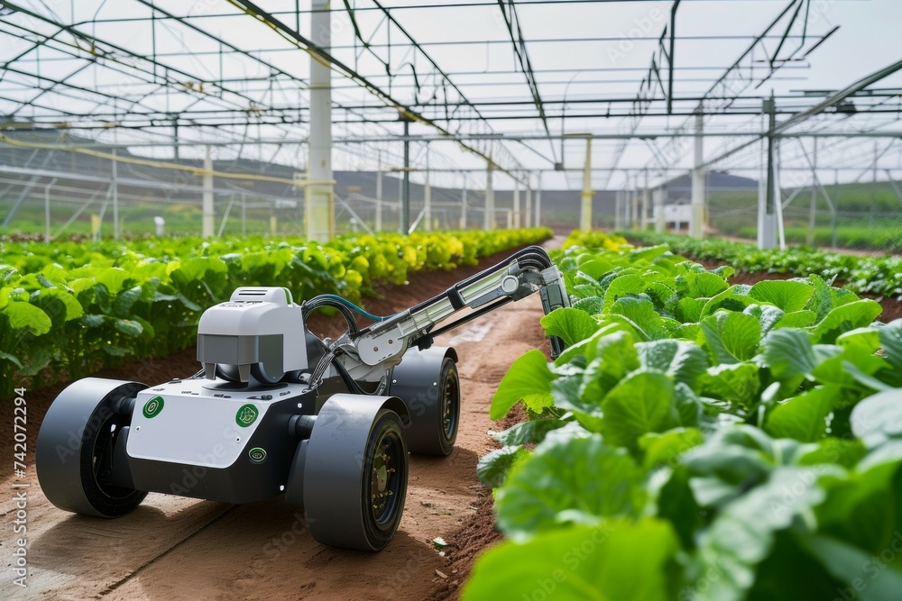 Aufkleber modern greenhouse with robots. background with selective focus and copy space