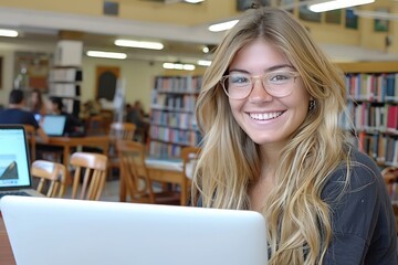 portrait of young woman with curly hair showing her laptop in the arms, in the style of light green and light bronze