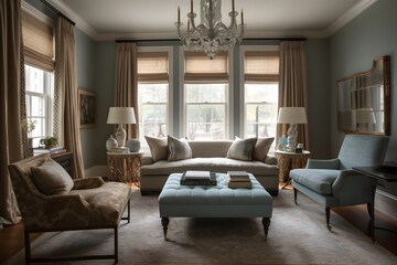 Naklejka na ściany i meble luxury living room, interior windows have fashionable curtains