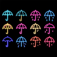 Outline neon umbrella icon. Glowing neon umbrella sign, parasol pictogram. Fashion accessory, rain and water protection, moisture resistant, protective umbrella, security screen. Vector icon set