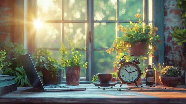 Daylight Saving Time. Alarm clock and orange color leaves on wooden table. Autumn time. Fall time change. Autumn leaves fall and winter approaches, the concept of daylight saving time, video