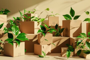 a cardboard box with plant growing out of it on blue background, flat style