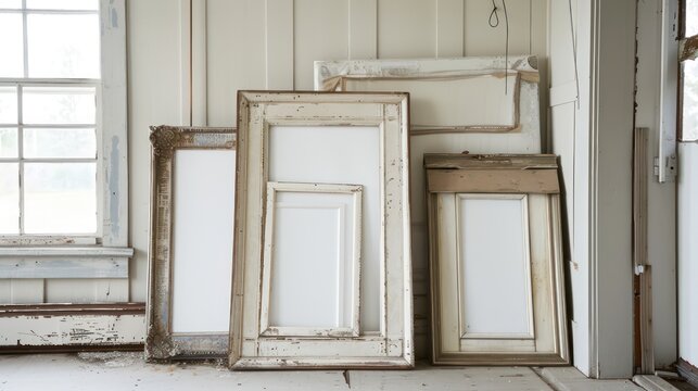 row of vintage picture frames leaning up againts a white wall with white inside the frames