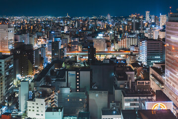 Aerial view of the city of Nagoya at night, Japan.