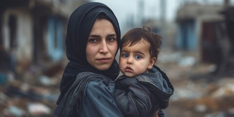 mother holds her son in a war zone and refugee poverty