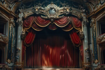 ornate theater with curtains, old master, photo-realistic landscapes, rococo