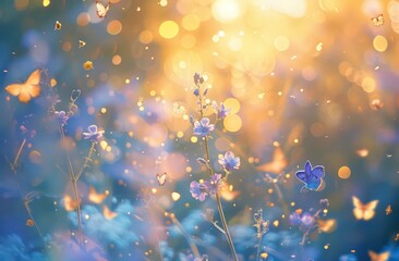 flowers and butterflies flutter in a spring sun, in the style of light yellow and azure, romantic scenery