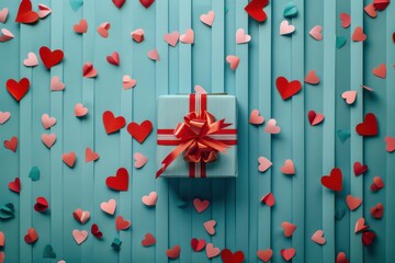 gift box with papers and hearts on a blue background, in the style of light teal and red