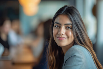 Fototapeta premium Young Hispanic woman listening to presentation in office group meeting