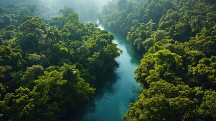 Naklejka na ściany i meble Tropical jungle landscape with Amazon jungle river. Created with Generative AI. 