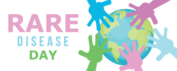 Banner for Rare Disease Day with planet Earth and many hands - obrazy, fototapety, plakaty