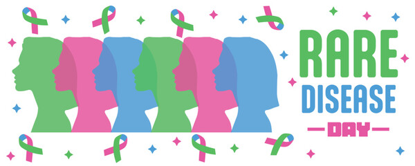 Banner for Rare Disease Day with human silhouettes and awareness ribbons