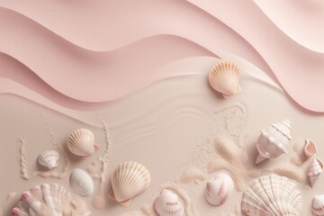 sand and seashells on pale sand surface, open space, in the style of light pink and beige, exotic