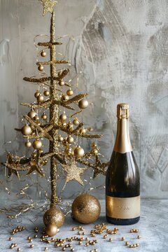 bottle of champagne with sparkling gold stars, holiday decoration and tree