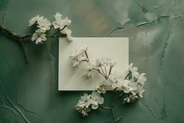 top view of a white card with white flowers on a green table, in the style of minimalist photography