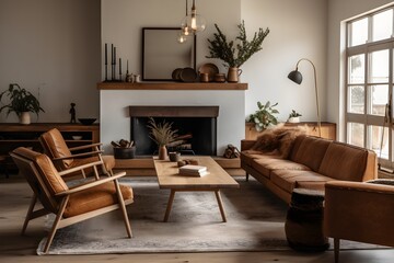 Simple living room in a modern farmhouse with little decoration Brown leather sofa and armchairs with a gas fireplace with a raw edged wooden mantel