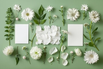 white flowers, blank notepaper and leaves on green background