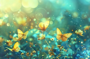 yellow butterflies flying in the grass at sunrise