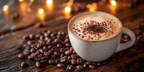 cup of hot coffee and coffee beans - obrazy, fototapety, plakaty