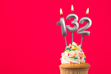 Horizontal birthday card with cupcake - Burning candle number 132