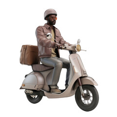 3D rendering of a delivery man driving a scooter on transparent background PNG