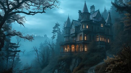 Obraz premium Spooky old gothic castle. Created with Generative AI.