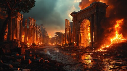 The End of the World Apocalyptic, destroyed Rome, epic scene. Created with Generative AI.