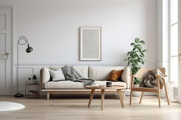 A living room in the Scandinavian design with white walls, a hardwood floor, and a mock-up couch