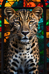 Leopard close up with stained glass in background