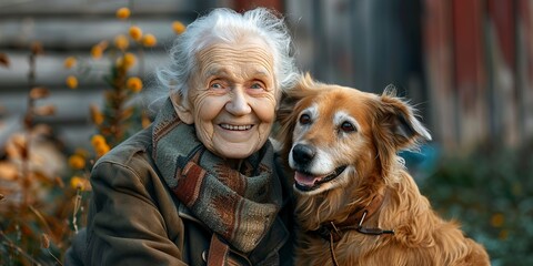 happy old woman with her dog in her arms