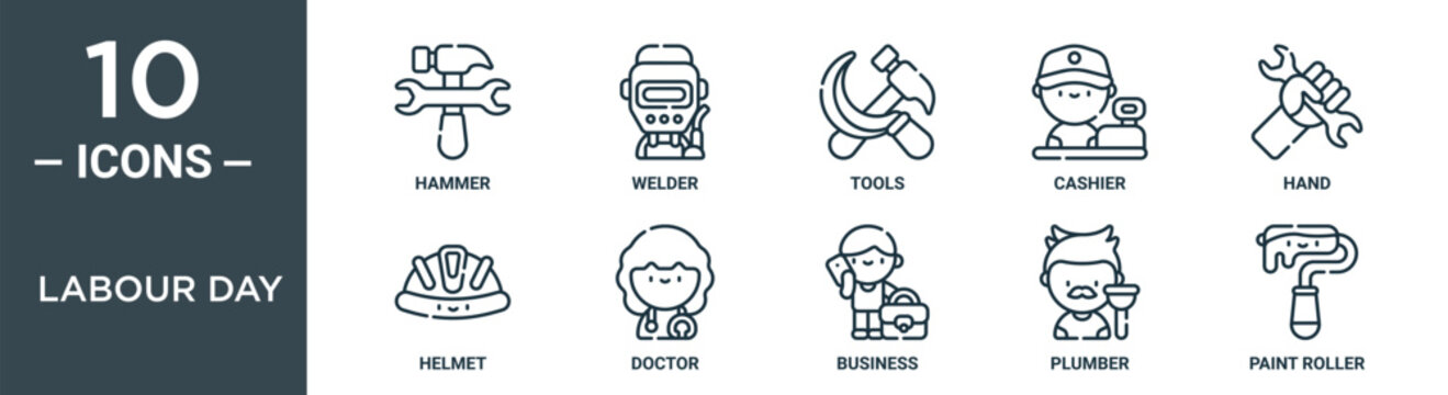 labour day outline icon set includes thin line hammer, welder, tools, cashier, hand, helmet, doctor icons for report, presentation, diagram, web design
